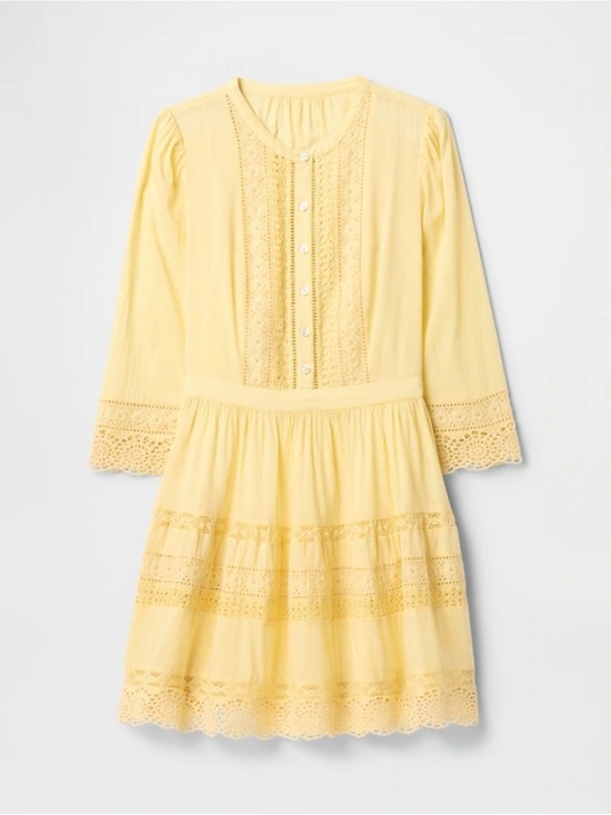 GAP Dresses & Skirts - GAP butter Yellow Eyelet Lace long sleeve whimsy cottagecore Mini Dress